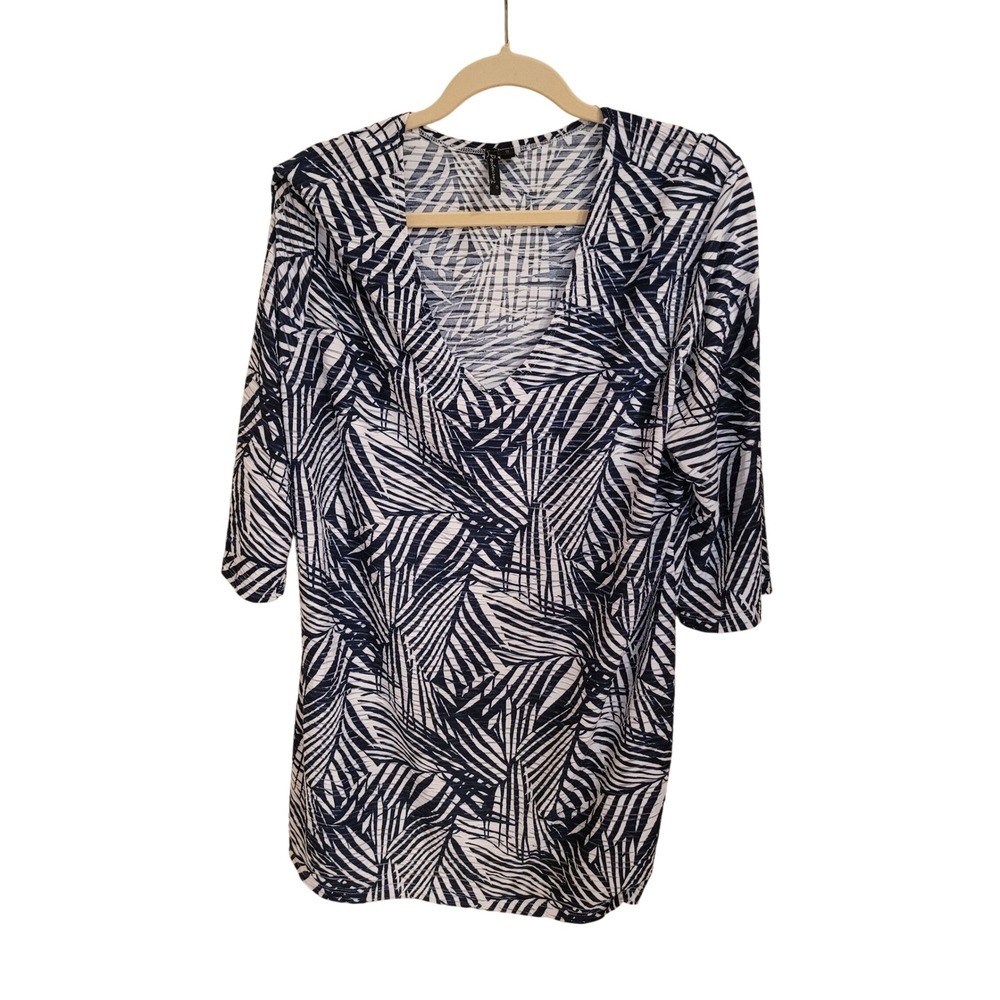 Portocruz Womens 1X Navy White Palm Leaf Print V-Neck 3/4 Sleeve Tunic Top